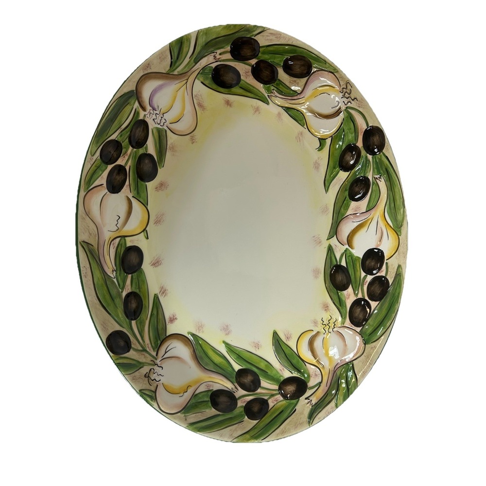 Clay Art Olives & Garlic Oval Serving Bowl 19"X15" Lg Pasta Mediterranean-Style